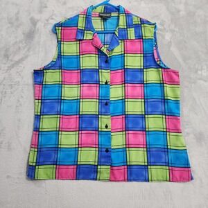 Vintage Notations Top Womens XL Multicolor Plaid Button Front Sleeveless Preppy
